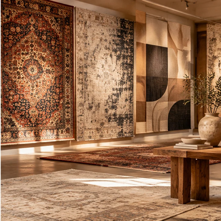 Collezione di tappeti persiani, moderni e contemporanei in un ambiente di interior design