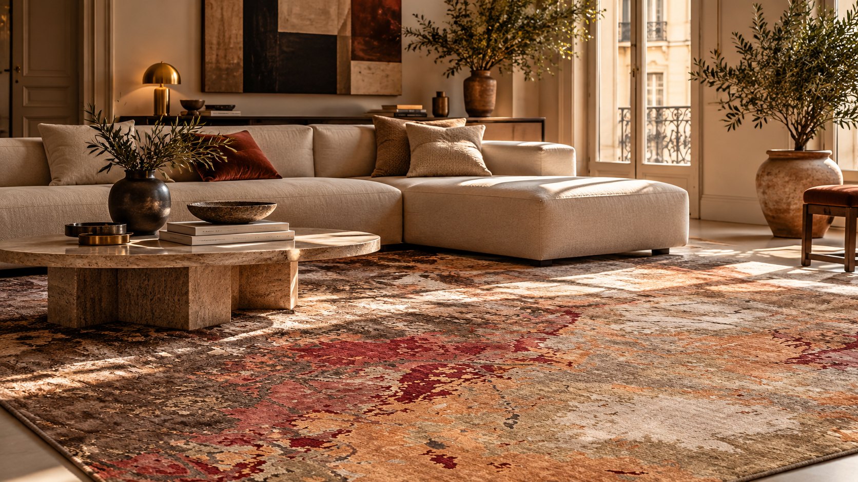 Tappeto moderno dai colori caldi in un soggiorno elegante - ZAL Tappeti Milano